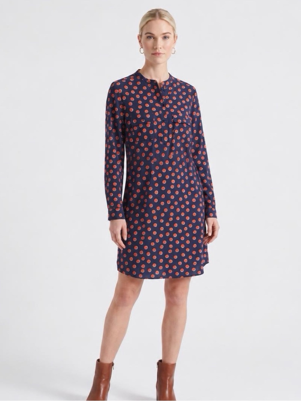 NWT Gap XL Navy Blue with Orange Polka-Dot Print Long Sleeve Utility Dress